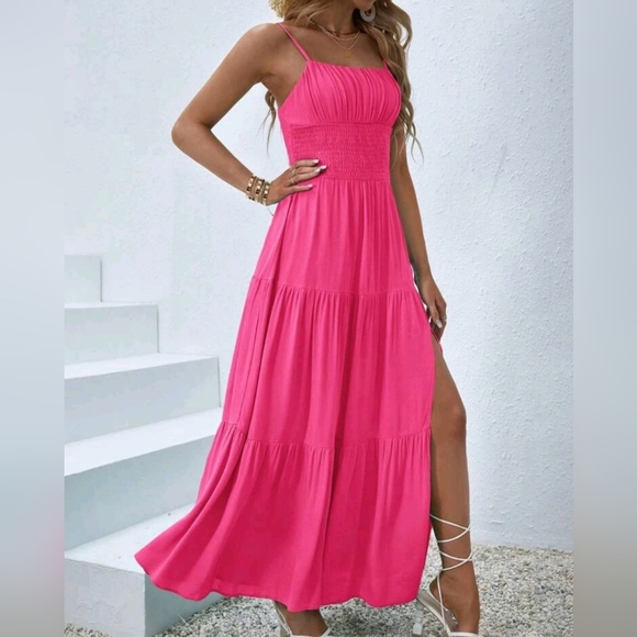 New Flowy Boho Ruched Cami Maxi Dress Hot Pink - Picture 6 of 8